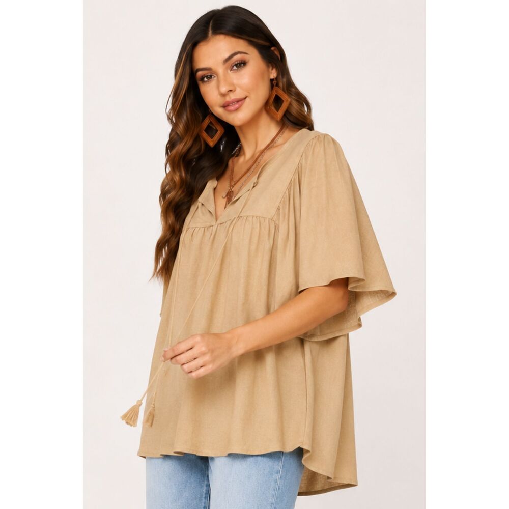 New GIGIO M 8 10 Beige Frayed Washed Boho Chic Loose Fit Tunic Top Tassel Trim
